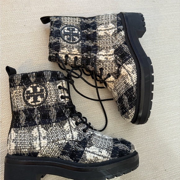 Tory Burch Shoes - New Tory Burch MILLER Lug Sole Tweed Leather 50 mm Bootie Combat Boots Size 5